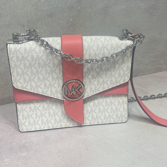 Michael Kors Greenwich Flap Crossbody & Matching Wallet Bright White Tea Rose - Picture 2 of 7